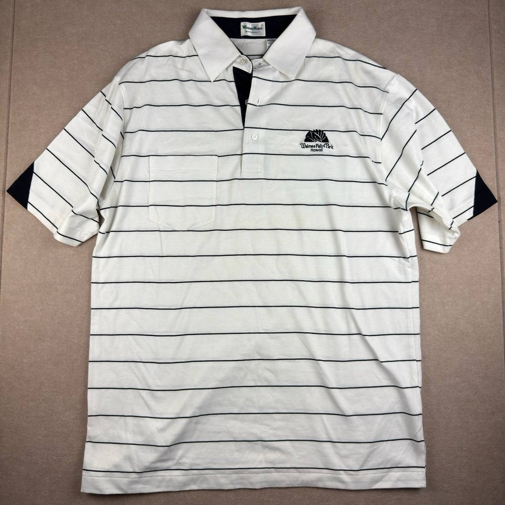 Vintage WinnerMate‎ Polo Shirt Men L White Black Stripe Waimea Falls Hawaii 90s